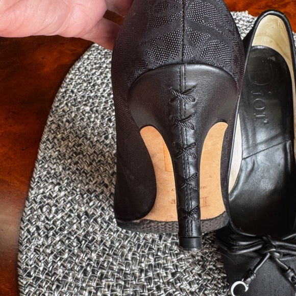 Dior "Black Monogram Canvas - Mid Heel Pumps - Leather Bow, Dangling CD Charms - Picture 8 of 12